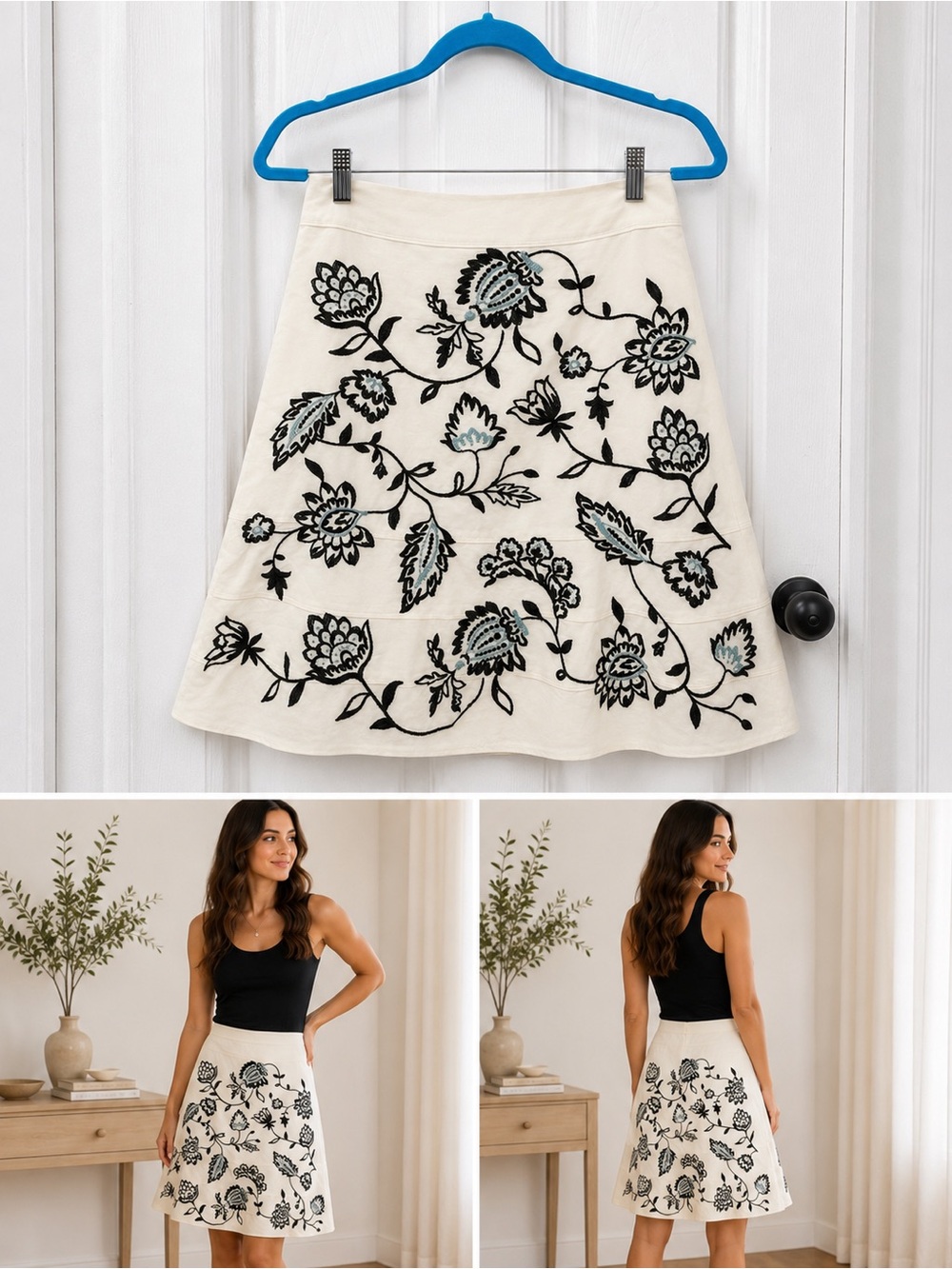 Ann Taylor Petite Embroidered A-Line Skirt | Ivory Floral | Size 6P